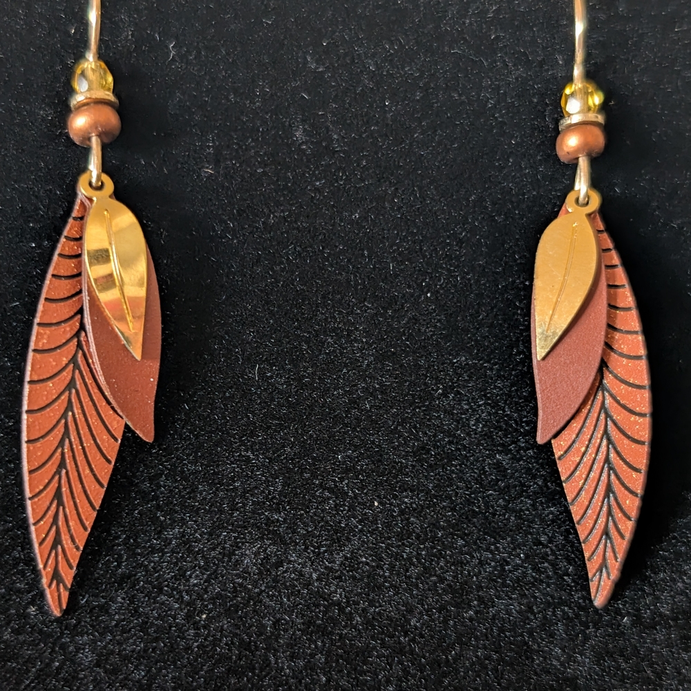 Gold and Brown Feather Drop Earrings - Women Jewelry